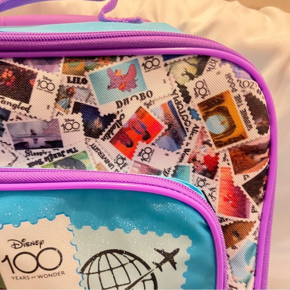 Disney 100 Year Anniversary Kids Travel Bag On Wheels Purple Blue Air Mail Stamp - Picture 6 of 11